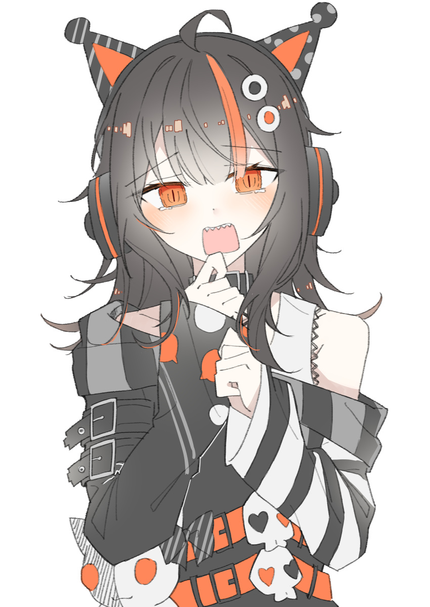 1girl, absurdres, ahoge, animal_ear_headphones, animal_ears, belt, black_hair, black_sweater