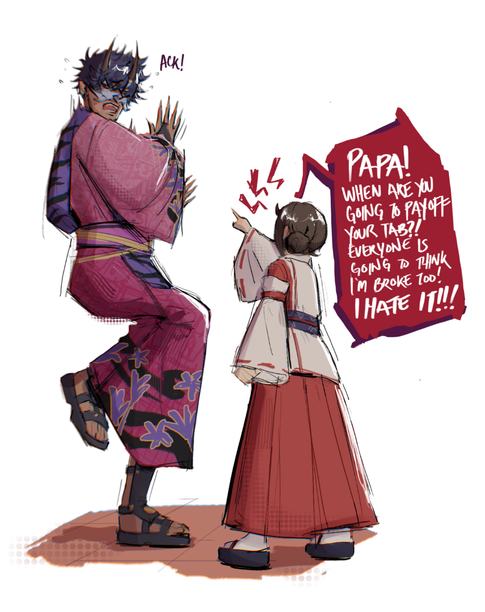 1boy, 1girl, chaaistheanswer, child, colored_skin, commentary, english_commentary, eye_mask, father_and_daughter, highres, horns, japanese_clothes, kai_(rune_factory), kimono, mask, oni, orange_skin, pointing, pointing_at_another, purple_kimono, red_horns, rune_factory, rune_factory:_guardians_of_azuma, speech_bubble, tsuyu_(rune_factory)