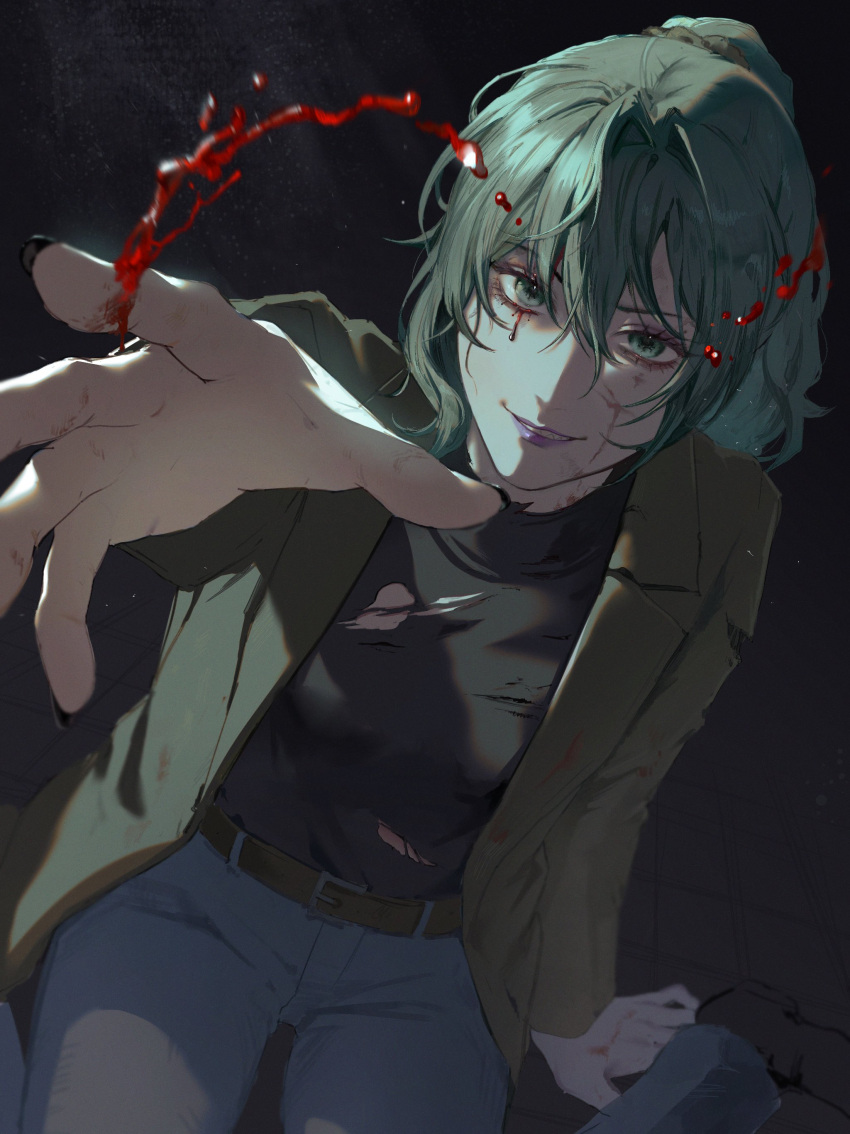 absurdres, belt, blood, from_above, green_eyes, green_hair, grey_background, grin