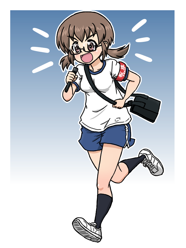 1girl, blue_shorts, blush, breasts, brown_eyes, brown_hair, full_body, girls_und_panzer