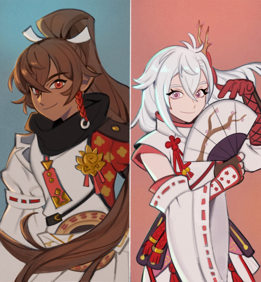 1boy, 1girl, absurdres, brown_hair, hair_between_eyes, hand_fan, highres, holding