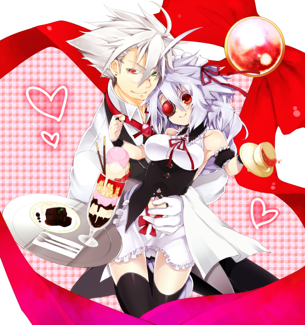 ascot, black_legwear, blazblue, bow, breasts, chocolate, colored_eyelashes, couple