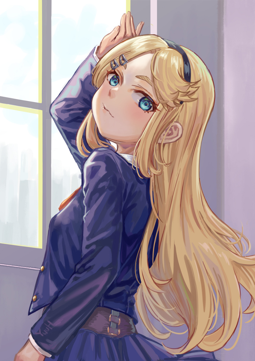 1girl, akira_edgworth, blonde_hair, blue_eyes, blush, commentary_request, hair_ornament, hairband