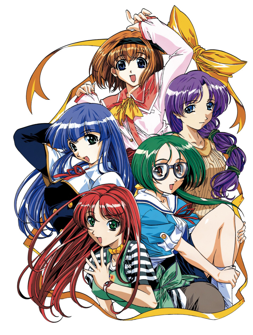 5girls, antenna_hair, apron, arm_behind_head, arm_up, ascot, bent_over, black-framed_eyewear, black_hairband, black_shirt, black_skirt, blue_eyes, blue_hair, blue_shirt, bow, bow_choker, brown_eyes, brown_hair, brown_skirt, brown_sweater, buttons, capelet, choker, closed_mouth, commentary_request, double-breasted, glasses, green_apron, green_eyes, green_hair, hair_bow, hair_over_one_eye, hairband, hand_up, haritama_hiroki, hatoba_midori, highres, long_hair, long_sleeves, looking_at_viewer, low_ponytail, moegi_tamao, multi-tied_hair, multiple_girls, nanohana_meguri, neck_ribbon, official_art, palette_(fairytale), pinching_sleeves, pink_sailor_collar, ponytail, purple_hair, red_hair, red_ribbon, ribbon, ribbon_border, sailor_collar, school_uniform, serafuku, shinonome_mitsuki, shirt, short_hair, short_sleeves, sitting, skirt, smile, socks, standing, striped_clothes, striped_shirt, sweater, urushibara_chiharu, white_background, white_capelet, white_sailor_collar, white_shirt, white_socks, yellow_ascot, yellow_bow, yellow_choker, yellow_ribbon