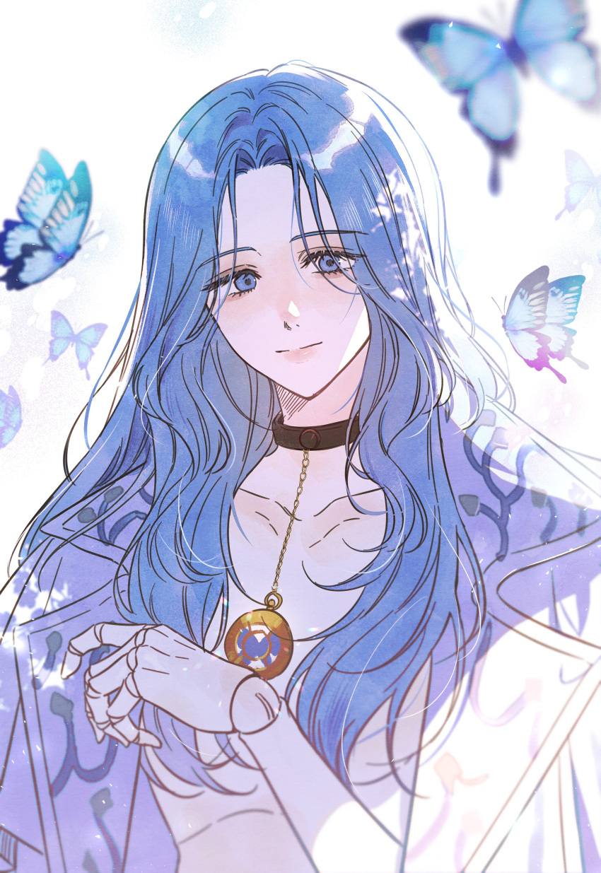 1girl, absurdres, blue_butterfly, blue_coat, blue_eyes, blue_hair, blurry, blurry_background, bug, butterfly, coat, collarbone, commentary_request, doll_joints, guragamja, happy, highres, joints, korean_commentary, lies_of_p, light_smile, long_hair, looking_at_viewer, open_clothes, open_coat, pale_skin, puppet, simple_background, solo, sophia_monad, spoilers, upper_body, wavy_hair, white_background