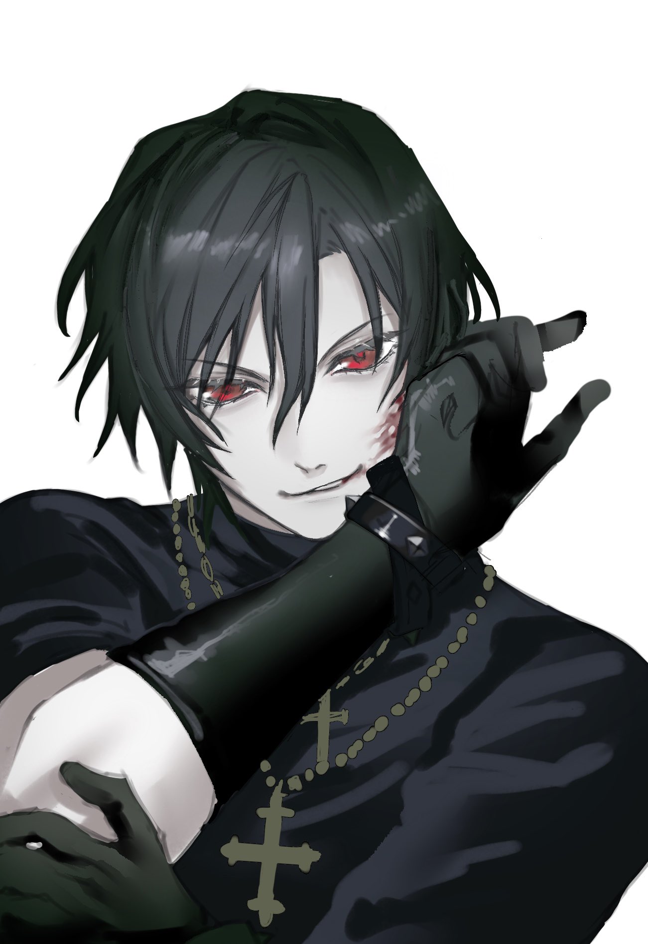 1boy, black_gloves, black_hair, black_shirt, blood, blood_on_face, bracelet, commentary