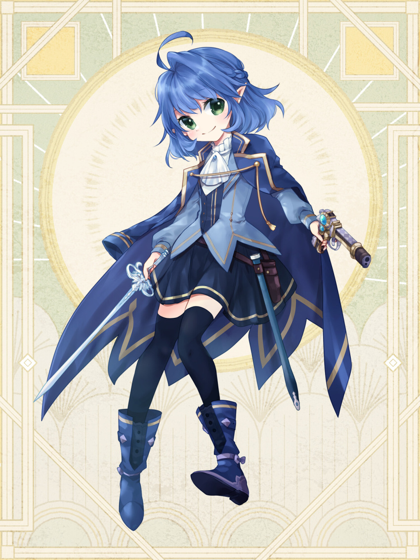 1girl, ahoge, airy_windia, ascot, asymmetrical_dual_wielding, black_thighhighs, blue_hair, boots