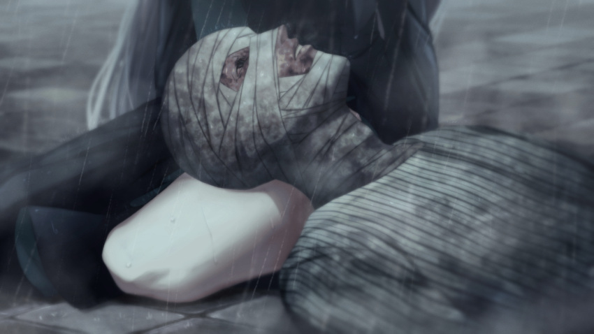 1boy, bandage_on_face, bandages, black_dress, bloodshot_eyes, blue_archive, commentary, dress