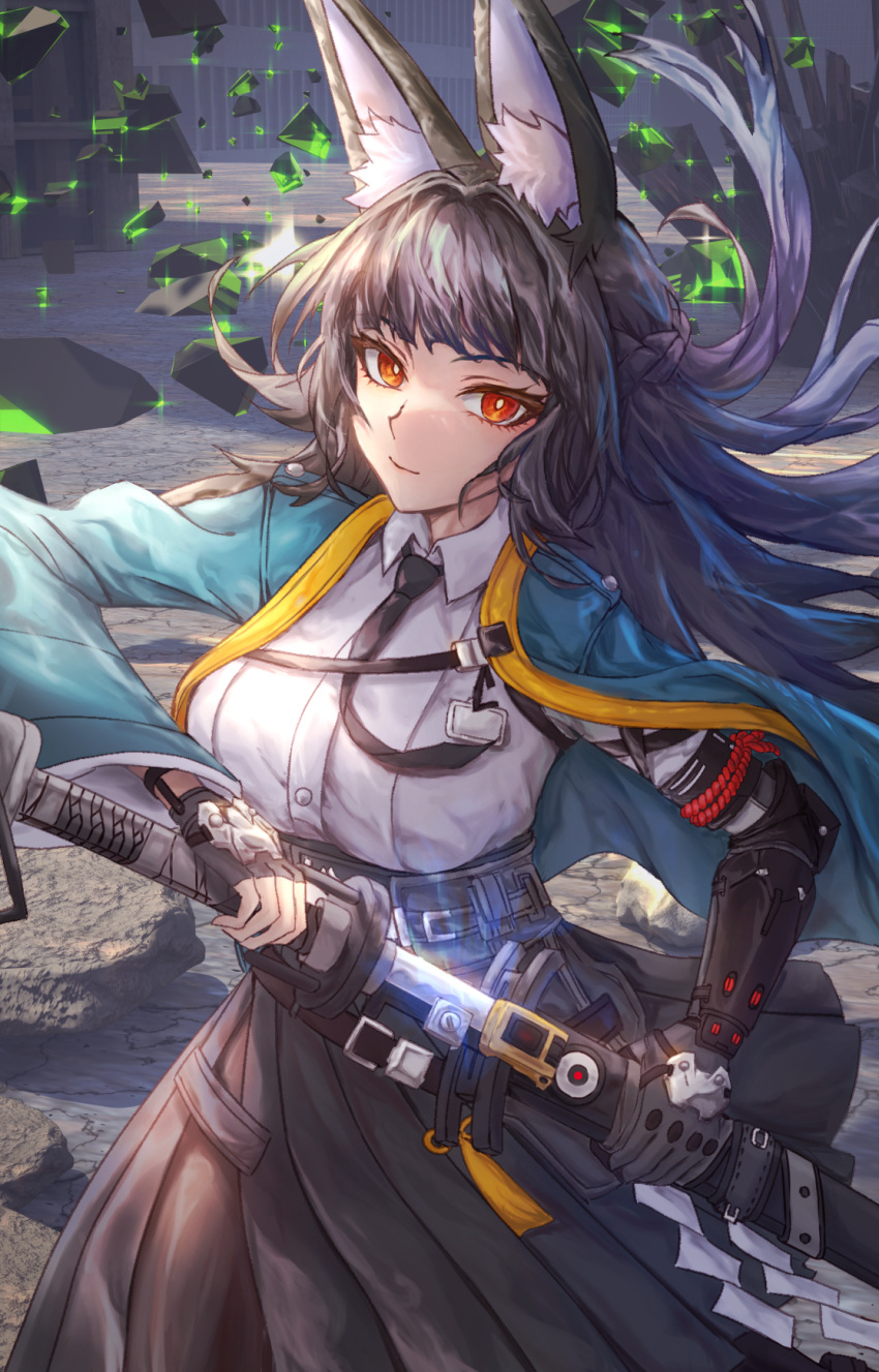 1girl, animal_ear_fluff, animal_ears, aqua_jacket, arm_out_of_sleeve, black_hair, black_necktie, blunt_bangs