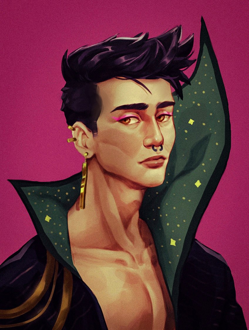 1boy, cheekbones, commentary, drawfee, drawtectives, earrings, english_commentary, eugene_finch