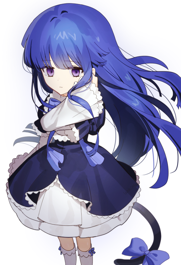 1girl, arm_behind_head, black_dress, blue_eyes, bobby_socks, bow, bowtie, cat_tail