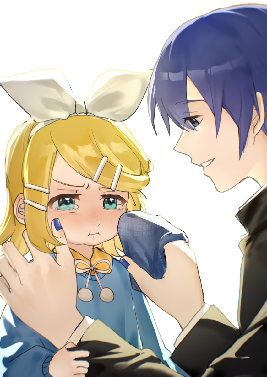 1boy, 1girl, 6_chair, :i, absurdres, aged_down, angry, aqua_eyes, black_jacket, blonde_hair, blue_eyes, blue_hair, blue_nails, blue_sweater, blush, bow, bow_hairband, child, clothes_grab, comforting, commentary_request, crying, crying_with_eyes_open, from_side, grabbing_another's_sleeve, hair_bow, hair_ornament, hairband, hairclip, hand_on_another's_face, handkerchief, highres, holding, holding_handkerchief, jacket, kagamine_rin, kaito, kaito_(vocaloid), layered_sleeves, long_sleeves, looking_at_another, neck_ribbon, parallel_hairclips, parted_lips, pom_pom_(clothes), pout, puffy_cheeks, ribbon, short_hair, simple_background, smile, snot, sweater, tears, vocaloid, white_background, white_bow, white_hairband, white_ribbon, wiping_another's_face, wiping_tears
