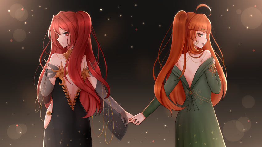 2girls, absurdres, back-to-back, bandage_on_face, bandages, bare_shoulders, black_dress, blurry