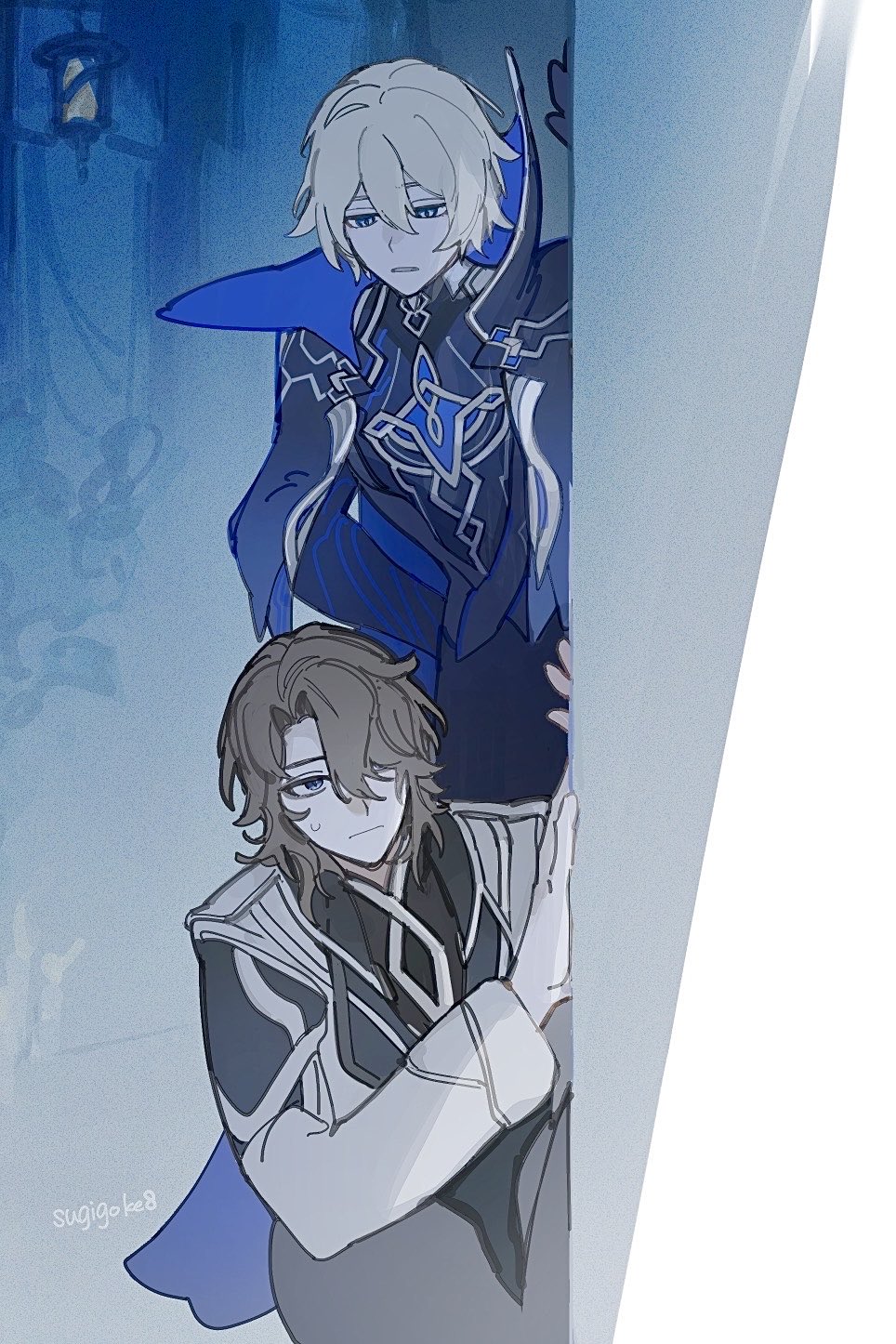 2boys, arm_behind_back, artist_name, black_cape, black_jacket, black_pants, black_shirt, blonde_hair