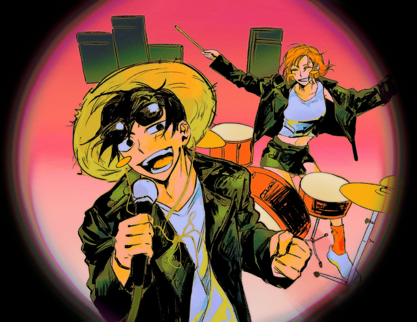 1_22sssam, 1boy, 1girl, alternate_costume, black_hair, black_jacket, black_skirt, blush_stickers, commentary_request, drum, drumsticks, eyewear_on_head, hat, highres, holding, holding_drumsticks, holding_microphone, instrument, jacket, korean_commentary, leather, leather_jacket, looking_at_viewer, microphone, monkey_d._luffy, music, nami_(one_piece), one_piece, open_clothes, open_jacket, open_mouth, orange_hair, playing_instrument, scar, scar_on_cheek, scar_on_face, shirt, short_hair, singing, sitting, skirt, straw_hat, sunglasses, tank_top, white_shirt, white_tank_top