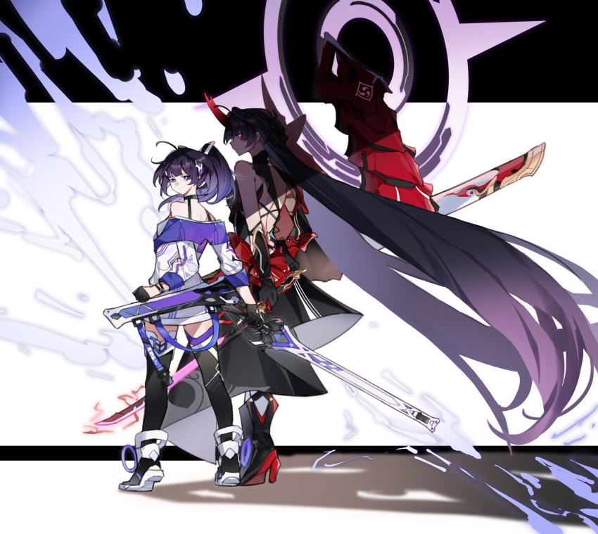 2girls, black_gloves, black_thighhighs, boots, dual_persona, gloves, high_heel_boots, high_heels, highres, holding, holding_sword, holding_weapon, honkai_(series), honkai_impact_3rd, horns, jacket, long_hair, multiple_girls, ponytail, purple_hair, raiden_mei, raiden_mei_(herrscher_of_thunder), raiden_mei_(striker_fulminata), red_eyes, red_horns, sheath, shiying_no_yao, sword, thigh-highs, very_long_hair, violet_eyes, weapon, white_jacket