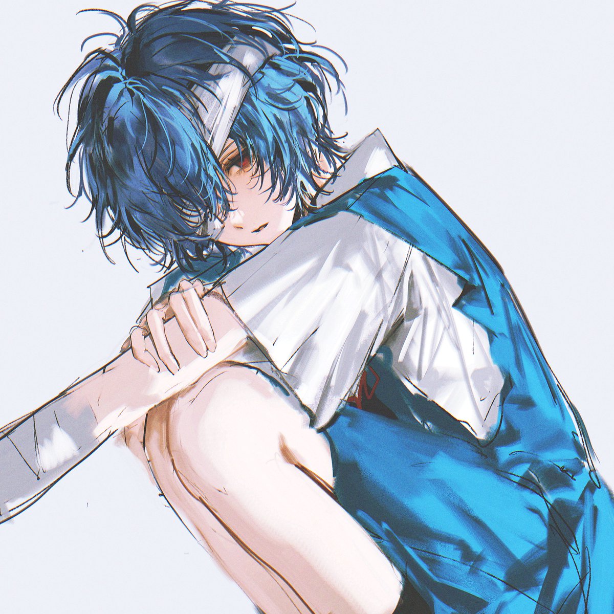 1girl, ayanami_rei, bandage_over_one_eye, blue_hair, commentary_request, expressionless, highres, inuo_(inuo_x)