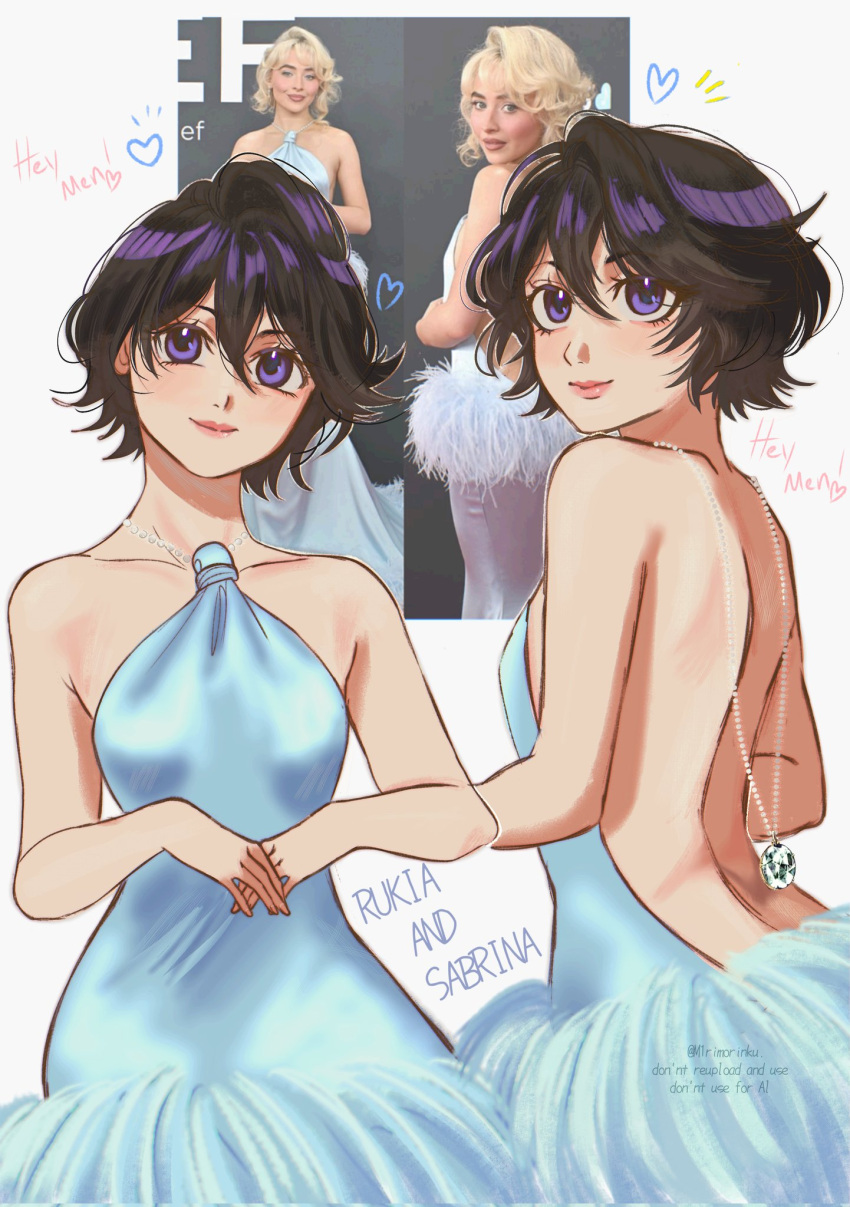 1girl, alternate_hairstyle, backless_dress, backless_outfit, bleach, blue_dress, breasts, commentary