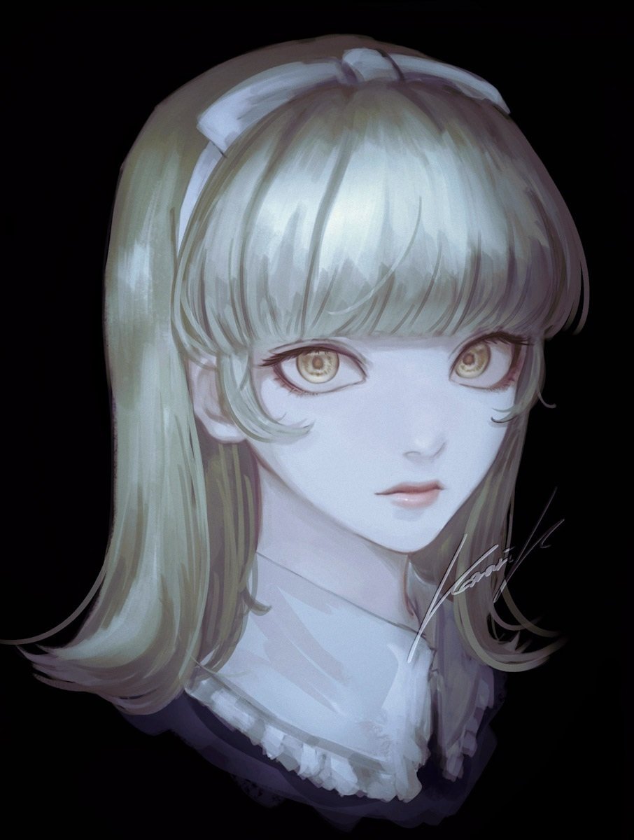 1girl, alice_(megami_tensei), black_background, blonde_hair, bow, bow_hairband, closed_mouth, commentary_request