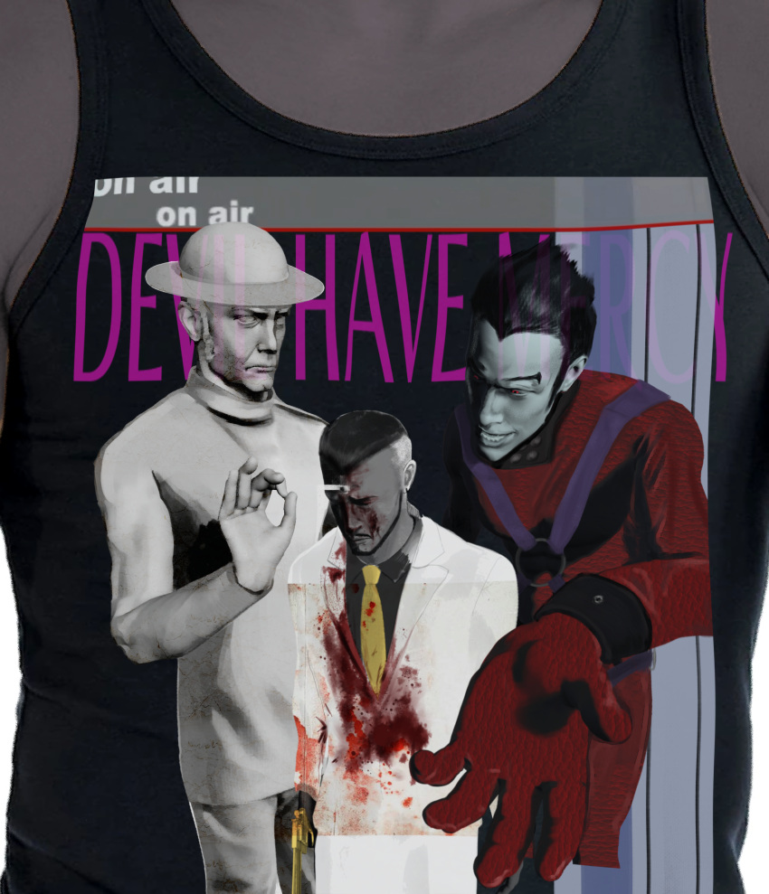 4boys, black_hair, black_tank_top, blood, blood_on_clothes, blood_on_face, bodysuit, closed_eyes, english_text, garcian_smith, golden_gun, grey_skirt, gun, handgun, harman_smith, hat, hidekii_ii, highres, holding, holding_gun, holding_weapon, iwazaru, jacket, killer7, kun_lan, lapels, long_sleeves, male_focus, multiple_boys, necktie, notched_lapels, print_tank_top, red_bodysuit, red_eyes, skirt, spoilers, tank_top, travis_bell, weapon, white_jacket, yellow_necktie