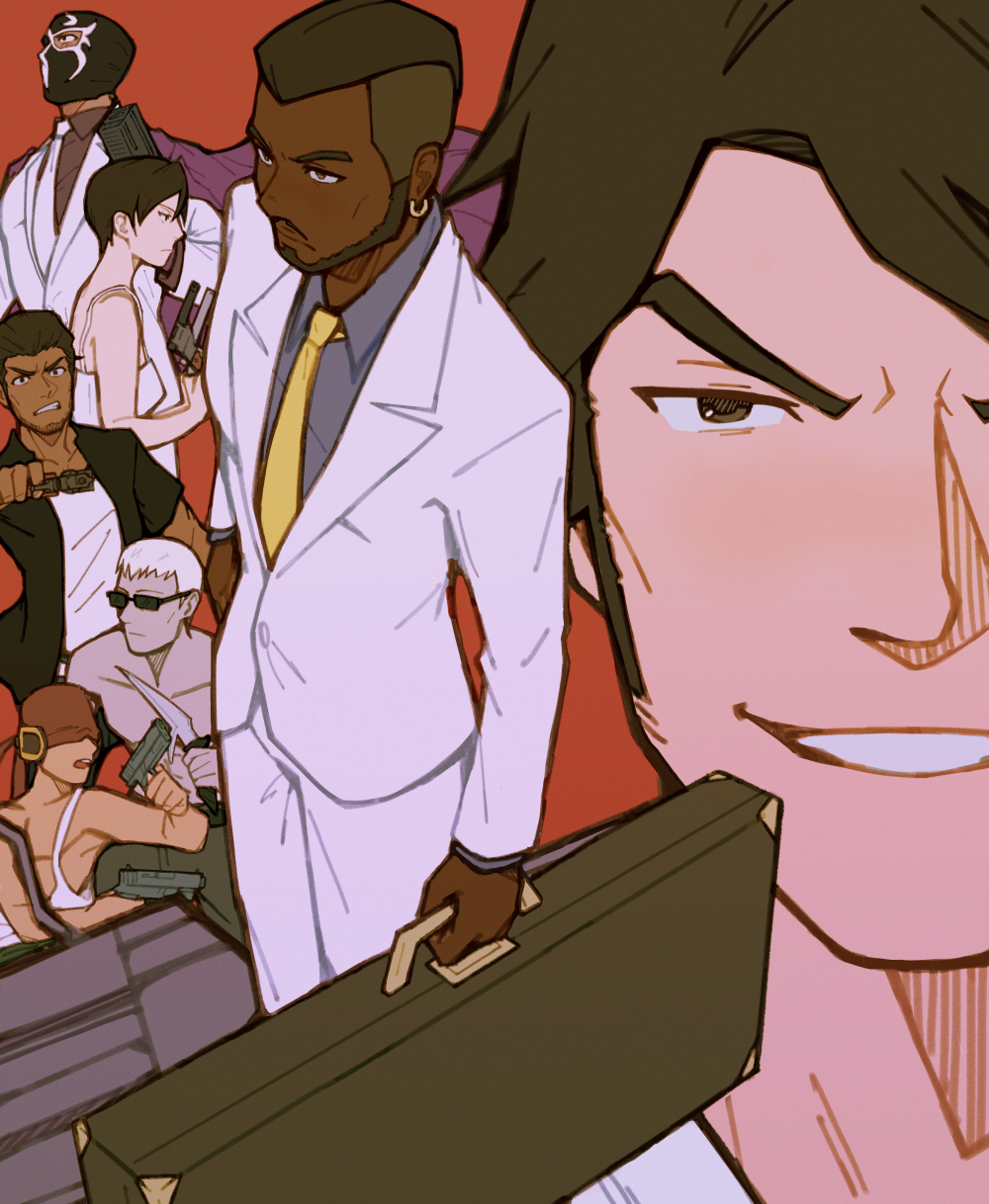 1girl, 6+boys, bandana_over_eyes, beard, black_hair, black_shirt, briefcase, cape