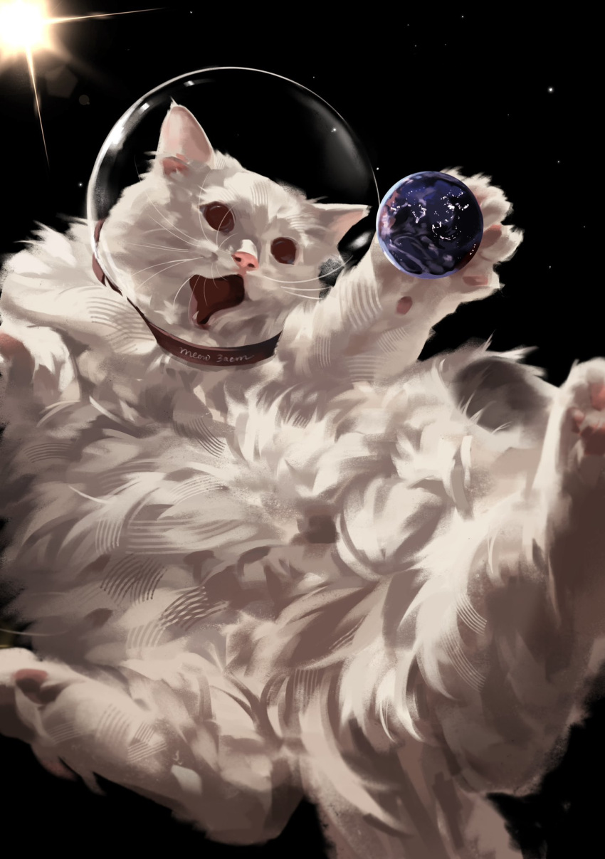 3aem, animal_focus, cat, commentary, earth_(planet), english_commentary, helmet, highres