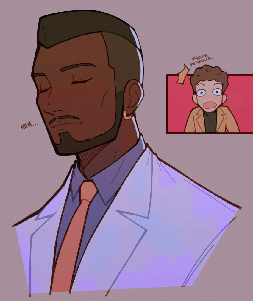 2boys, beard, black_hair, brown_hair, christopher_mills, cropped_torso, dark-skinned_male, dark_skin, earrings, english_text, facial_hair, garcian_smith, grey_background, heartgrooooove, highres, jacket, jewelry, killer7, lapels, light_blush, male_focus, multiple_boys, mustache, necktie, notched_lapels, short_hair, simple_background, surprised, very_dark_skin, very_short_hair, white_jacket, yellow_necktie