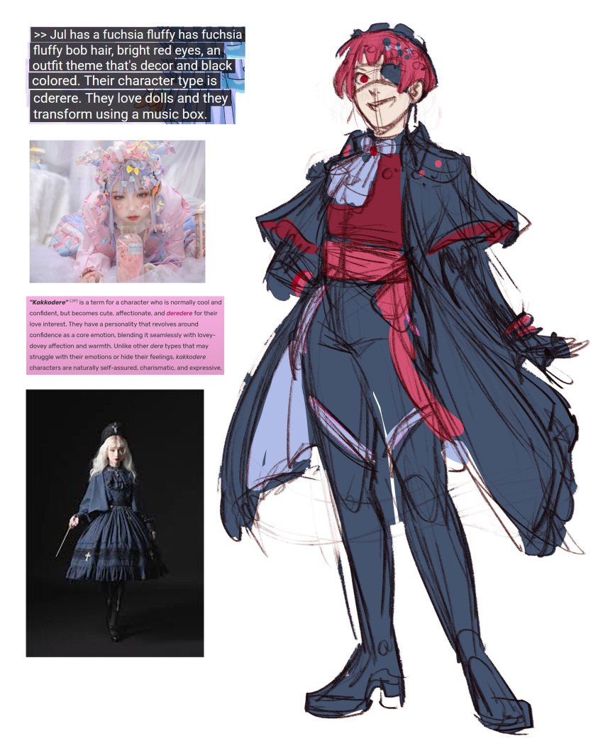 1girl, absurdres, androgynous, ascot, belt, boots, coat, decora, design_speculation, drawfee, eyepatch, full_body, goth_fashion, gothic_lolita, highres, julial, lolita_fashion, occudo, ouji_fashion, pants, photo_inset, red_eyes, red_hair, reference_inset, screenshot_inset, shirt, smile, solo, standing