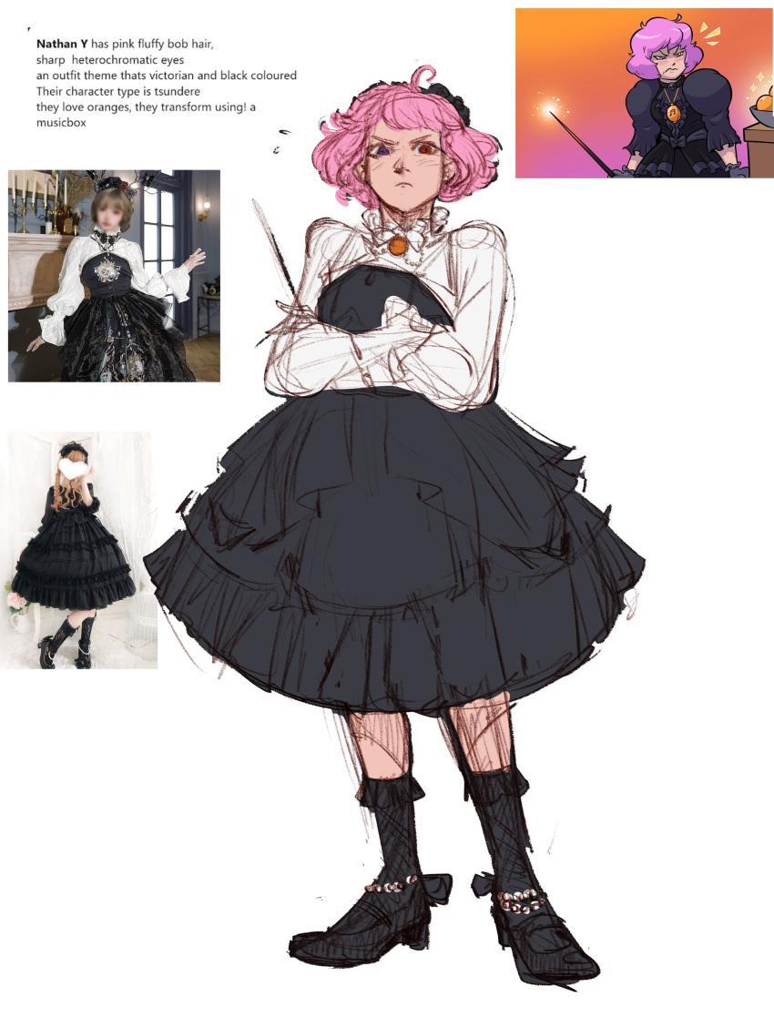 1girl, absurdres, accurate_lolita_coord, alternate_costume, black_dress, blush, bob_cut, crossed_arms, drawfee, dress, frown, full_body, gothic_lolita, highres, holding, holding_wand, lolita_fashion, long_sleeves, magical_girl, nathany, occudo, photo_inset, redesign, reference_inset, screenshot_inset, shoes, short_hair, sketch, socks, solo, wand