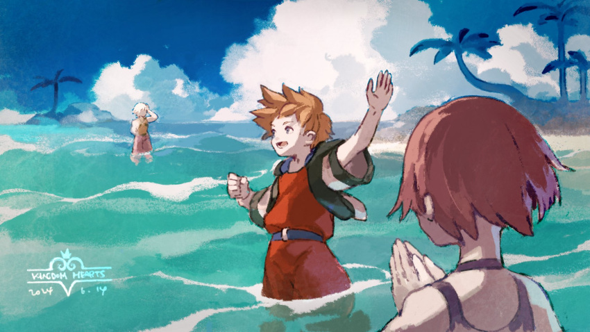 1girl, 2024, 2boys, blue_sky, brown_hair, c3ure, camisole, clouds