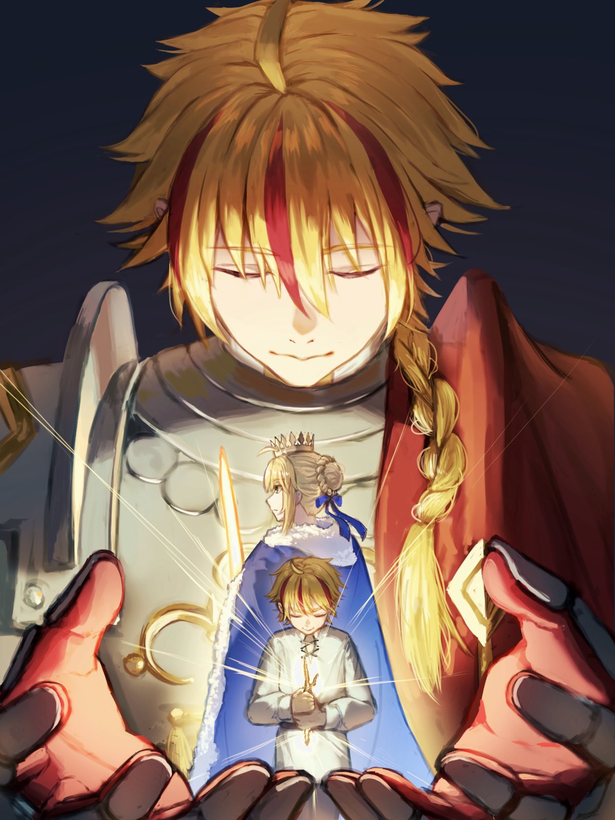 1girl, 2boys, aged_down, ahoge, armor, artoria_pendragon_(fate), black_background, black_gloves, blonde_hair, blue_bow, blue_cape, bow, braid, braided_bun, breastplate, cape, child, closed_eyes, closed_mouth, commentary_request, cowboy_shot, criss-cross_halter, crown, dual_persona, excalibur_(fate/stay_night), fate/grand_order, fate/strange_fake, fate_(series), from_behind, full_armor, fur-trimmed_cape, fur_trim, gloves, gold_trim, green_eyes, grey_armor, hair_between_eyes, hair_bow, hair_bun, halterneck, hands_up, highres, holding, holding_stick, holding_sword, holding_weapon, itomaru_902, knight, long_hair, long_sleeves, looking_to_the_side, low-braided_long_hair, low-tied_long_hair, mandarin_collar, multicolored_hair, multiple_boys, pauldrons, puffy_long_sleeves, puffy_sleeves, red_cape, red_gloves, red_hair, richard_i_(fate), saber_(fate), shirt, short_hair, shoulder_armor, sidelocks, simple_background, single_braid, smile, standing, stick, sword, two-sided_gloves, two-tone_hair, upper_body, weapon, white_shirt