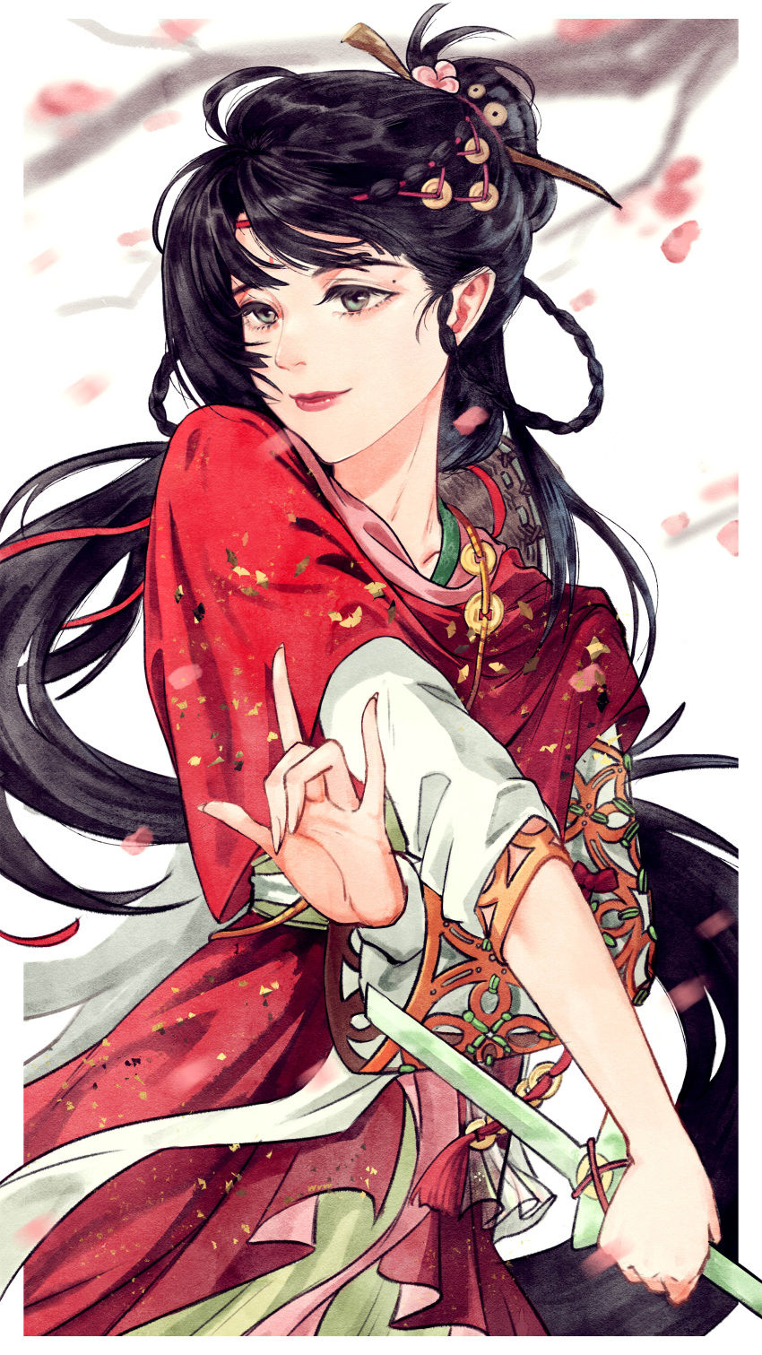 1girl, \m/, absurdres, black_hair, blue_eyes, branch, broken, broken_sword