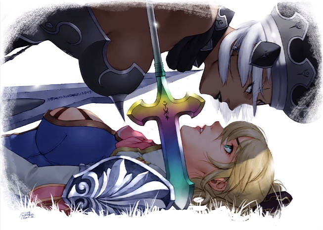 angol_fear, armor, blonde_hair, blue_eyes, breast_press, breasts, cassandra_alexandra, choker, dark_skin, hat, large_breasts, lips, multiple_girls, namco, official_art, polearm, sideboob, soul_calibur, soul_calibur_iv, soulcalibur, soulcalibur_iv, spikes, submission, submission_hold, sword, weapon, white_eyes, wrestling, yoshizaki_mine