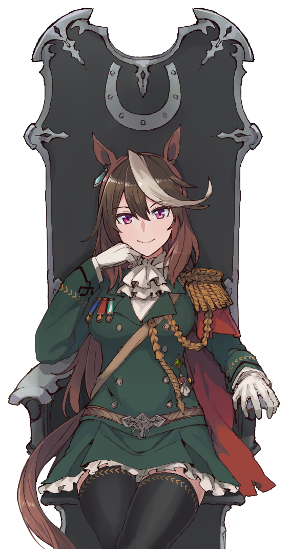 1girl, aiguillette, animal_ears, ascot, black_thighhighs, blush, breasts, brown_hair