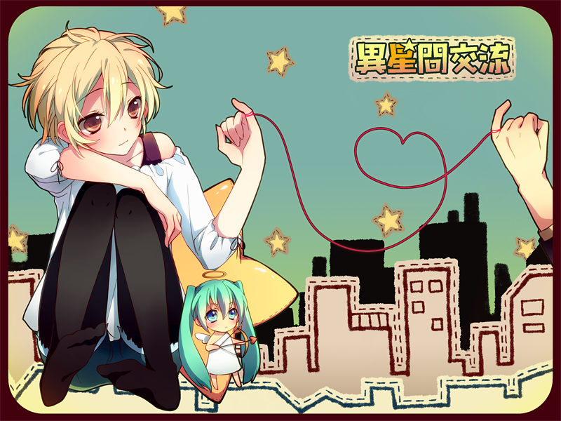blonde_hair, character_request, cupid, halo, hatsune_miku, heart, heart_of_string, legwear_under_shorts