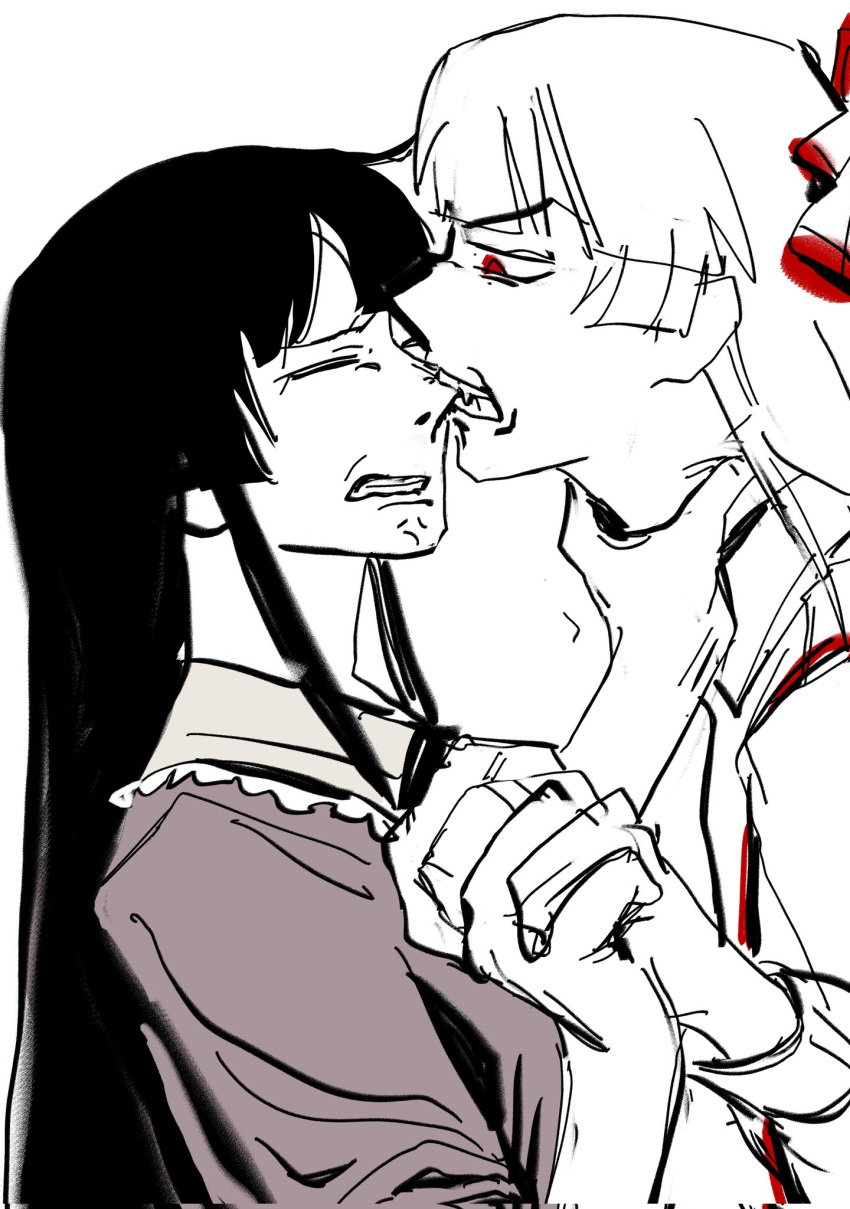 2girls, anger_vein, biting_nose, clenched_teeth, closed_eyes, collar, frilled_collar, frills