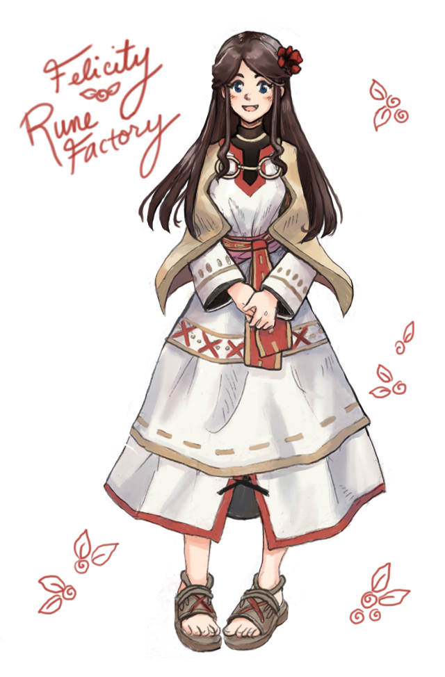 1girl, brown_hair, dress, felicity_(rune_factory), floop249, long_hair, looking_at_viewer, o-ring, open-toe_shoes, rune_factory, rune_factory_1, sidelocks, smile, solo