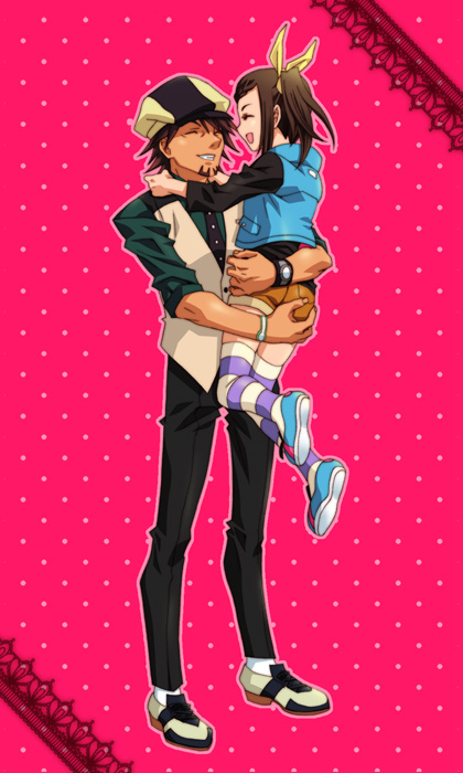 age_difference, brown_hair, cabbie_hat, carrying, closed_eyes, cropped_jacket, eyes_closed, facial_hair, father_and_daughter, hair_bow, hat, jacket, kaburagi_kaede, kaburagi_t_kotetsu, necktie, short_hair, short_jacket, shorts, side_ponytail, striped, striped_legwear, stubble, thigh-highs, thighhighs, tiger_&amp;_bunny, vest, waistcoat, xala