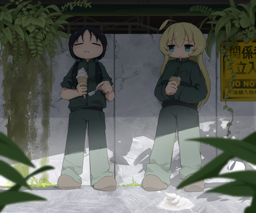 2girls, absurdres, black_hair, blonde_hair, blue_eyes, blush, chito_(shoujo_shuumatsu_ryokou), closed_eyes, closed_mouth, commentary, day, food, green_jacket, green_pants, highres, holding, holding_ice_cream_cone, ice_cream, ice_cream_cone, jacket, karmanimaxwx, leaf, long_hair, multiple_girls, outdoors, pants, shoujo_shuumatsu_ryokou, sign, spill, twintails, untranslatable_commentary, yuuri_(shoujo_shuumatsu_ryokou)