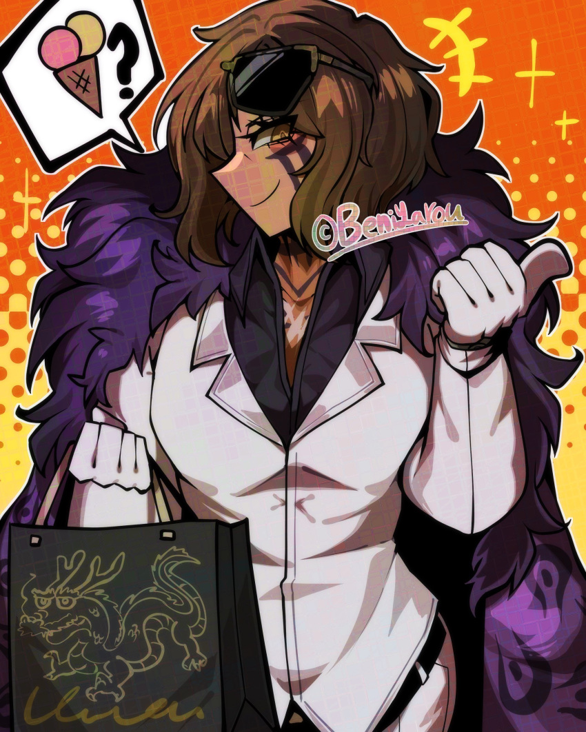 1girl, ?, absurdres, bag, beniyarou, black_shirt, brown_eyes, brown_hair, coat, coat_on_shoulders, collared_shirt, commentary, dark-skinned_female, dark_skin, dragon, english_commentary, eyewear_on_head, facial_tattoo, food, fur_collar, gloves, highres, ice_cream, jacket, limbus_company, middle_(identity)_(project_moon), neck_tattoo, outis_(project_moon), project_moon, purple_coat, shirt, shopping_bag, short_hair, solo, speech_bubble, sunglasses, tattoo, white_gloves, white_jacket
