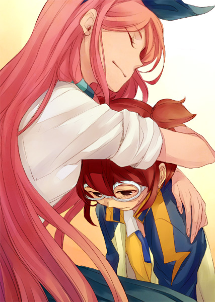 brown_eyes, brown_hair, closed_eyes, eyes_closed, glasses, hair_ribbon, hayami_tsurumasa, hug