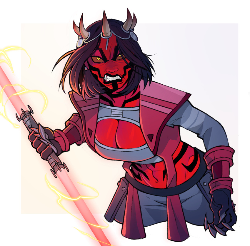 1girl, alien, black_gloves, black_hair, black_skin, breasts, clenched_teeth, collarbone, colored_skin, double_bladed_lightsaber, energy_sword, gloves, highres, holding, holding_sword, holding_weapon, horns, large_breasts, lightsaber, looking_at_viewer, multicolored_skin, pen.lilixeesketche, red_lightsaber, red_skin, simple_background, solo, star_wars, sword, teeth, two-tone_skin, weapon, white_background, yellow_eyes, zabrak