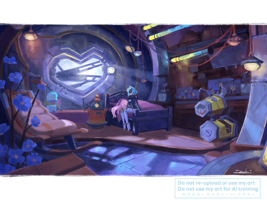 2girls, 39_iduki, ahoge, aino_(genshin_impact), android, artist_name, bangs_pinned_back, bed