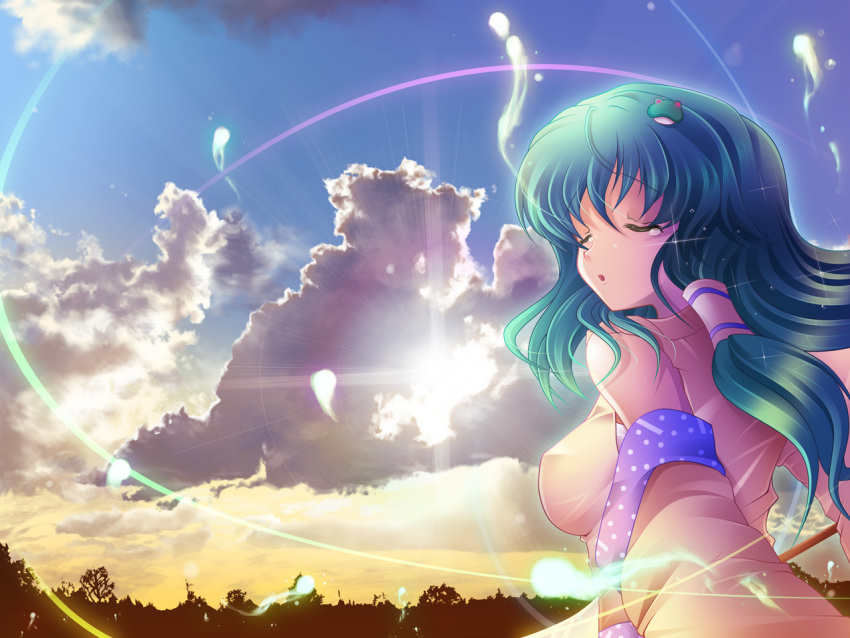aosuke_(ayakawa_akito), ayakawa_akito, closed_eyes, eyes_closed, ghost, green_hair, kochiya_sanae, solo