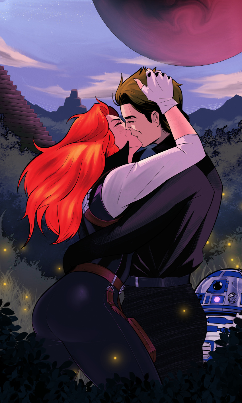 1boy, 1girl, absurdres, astromech_droid, black_jacket, black_pants, gloves, hetero