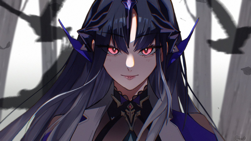 1girl, artist_name, bird, black_hair, closed_mouth, commentary, english_commentary, gradient_hair, grey_hair, headgear, headpiece, highres, long_hair, looking_at_viewer, multicolored_hair, nirvatia_(pgr), pink_eyes, portrait, punishing:_gray_raven, solo, t_tac0