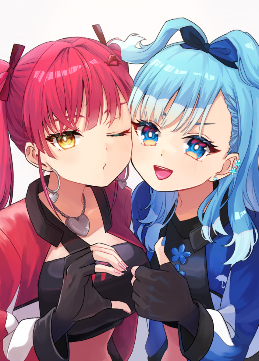 2girls, absurdres, black_gloves, blue_eyes, blue_hair, bright_pupils, commentary_request, earrings