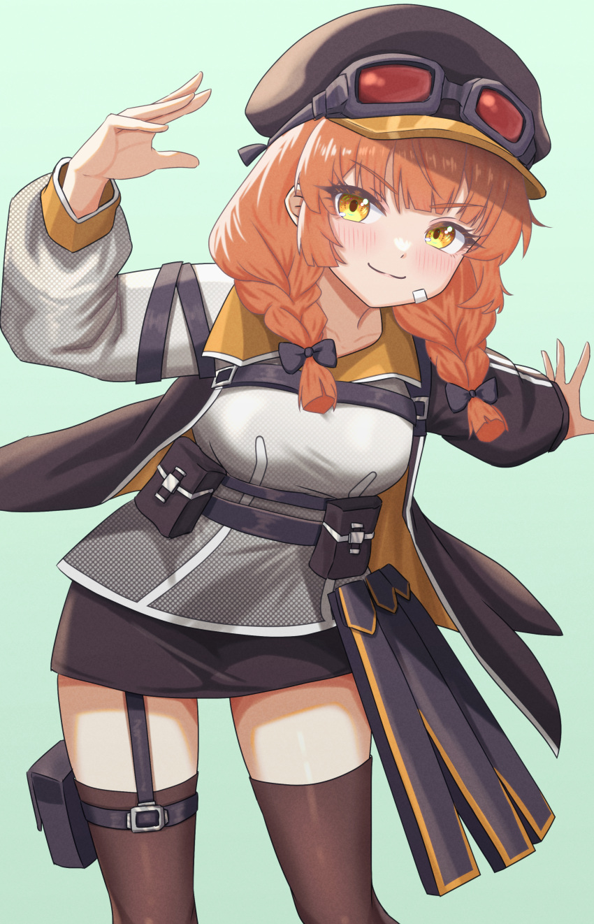 1girl, absurdres, arm_up, bandaid, bandaid_on_face, beryl_(chaos_zero_nightmare), black_hat, braid