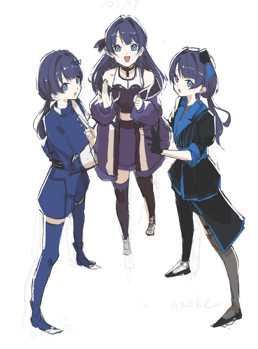 3girls, :d, ampere_(love_live!), asymmetrical_pants, awoke_(love_live!), bare_shoulders, black_gloves, black_pants
