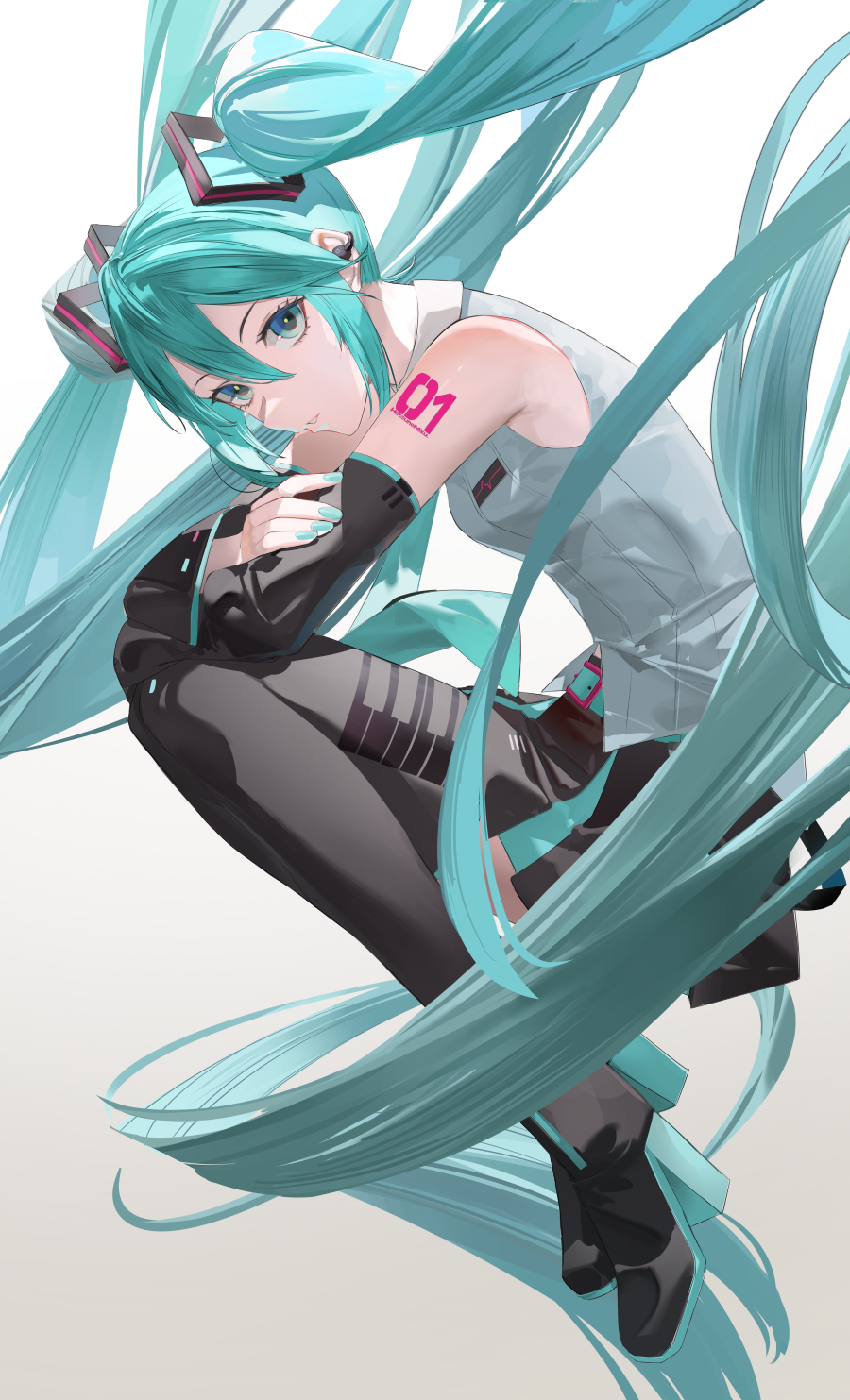 1girl, aqua_eyes, aqua_hair, aqua_nails, aqua_necktie, aqua_trim, arm_tattoo, bare_shoulders